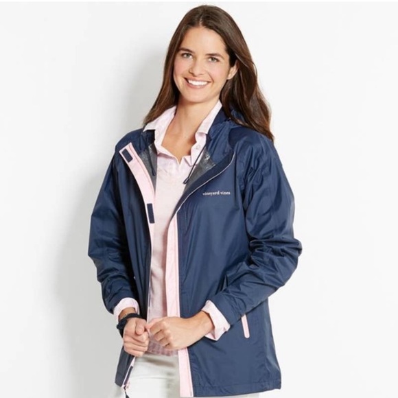 VINEYARD VINES Stow & Go Navy Blue with Pink Accents Raincoat - XS - flawed - Picture 2 of 15
